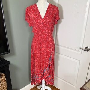 ZESICA Red Floral Faux Wrap Midi Dress Size L Boho Short Sleeve Tie Waist